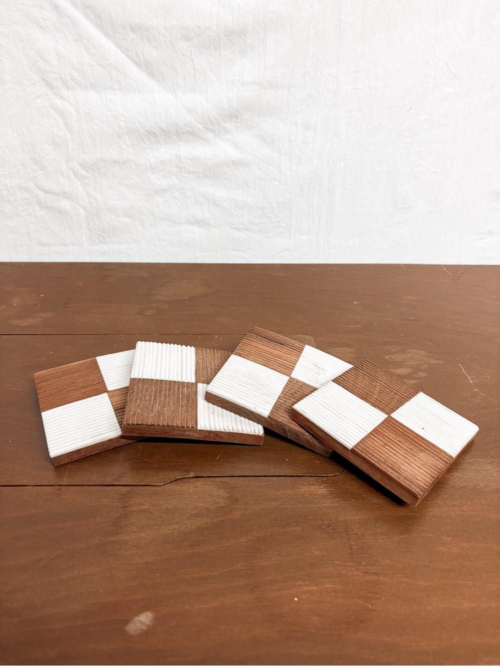 Handcrafted White and Brown Checkerboard Wood Coasters
